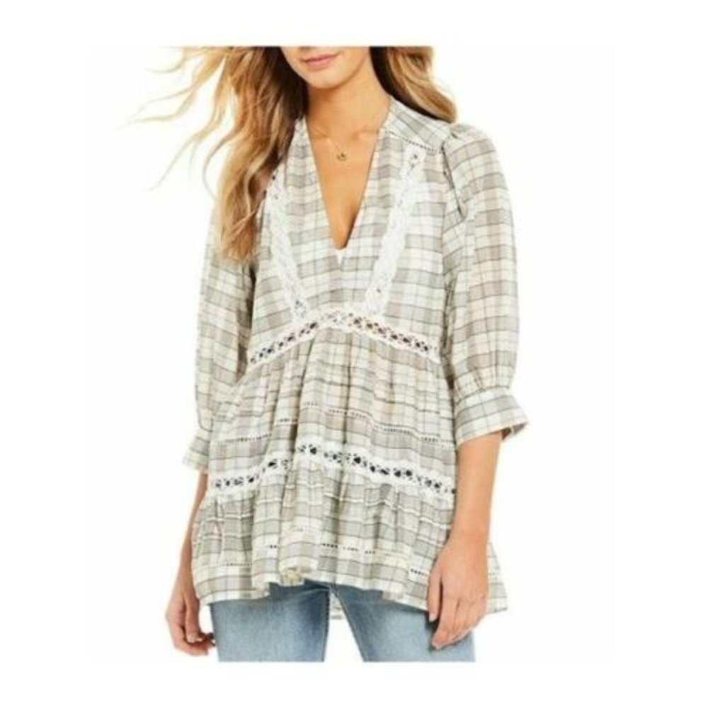 Free People Tunic Time Out Plaid Lace Trim IVORY COMBO Boho - NEW $128 - SMALL
